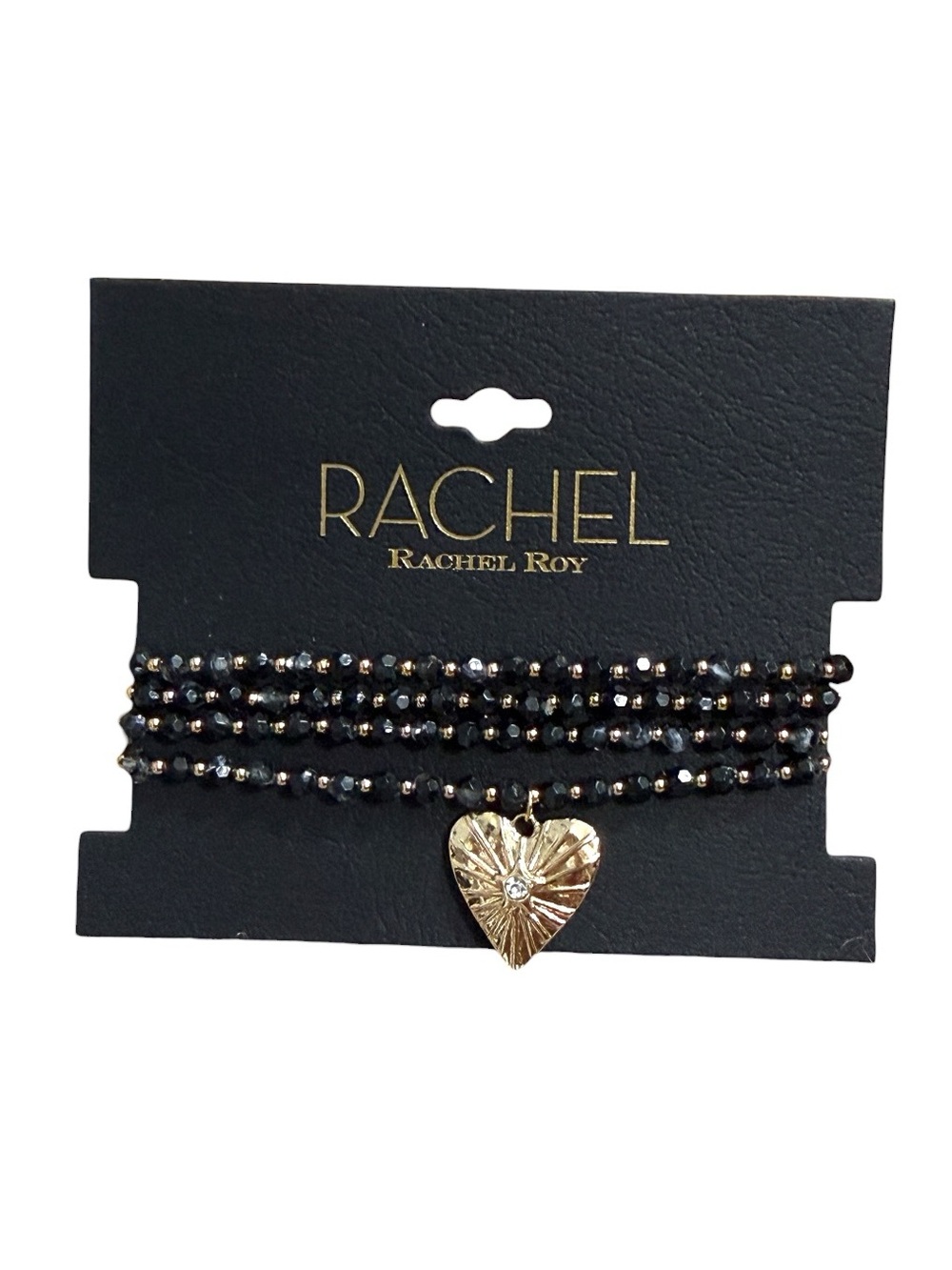 RACHEL Rachel Roy Black Beaded Multi-Strand Bracelet Set Gold Tone Heart Charm